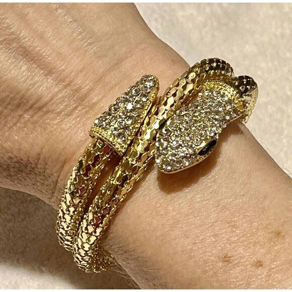 Mesh Rhinestone Snake Coil Wrap Gold Tone Bracelet Womens Designer Whimsy Goth - Picture 2 of 7